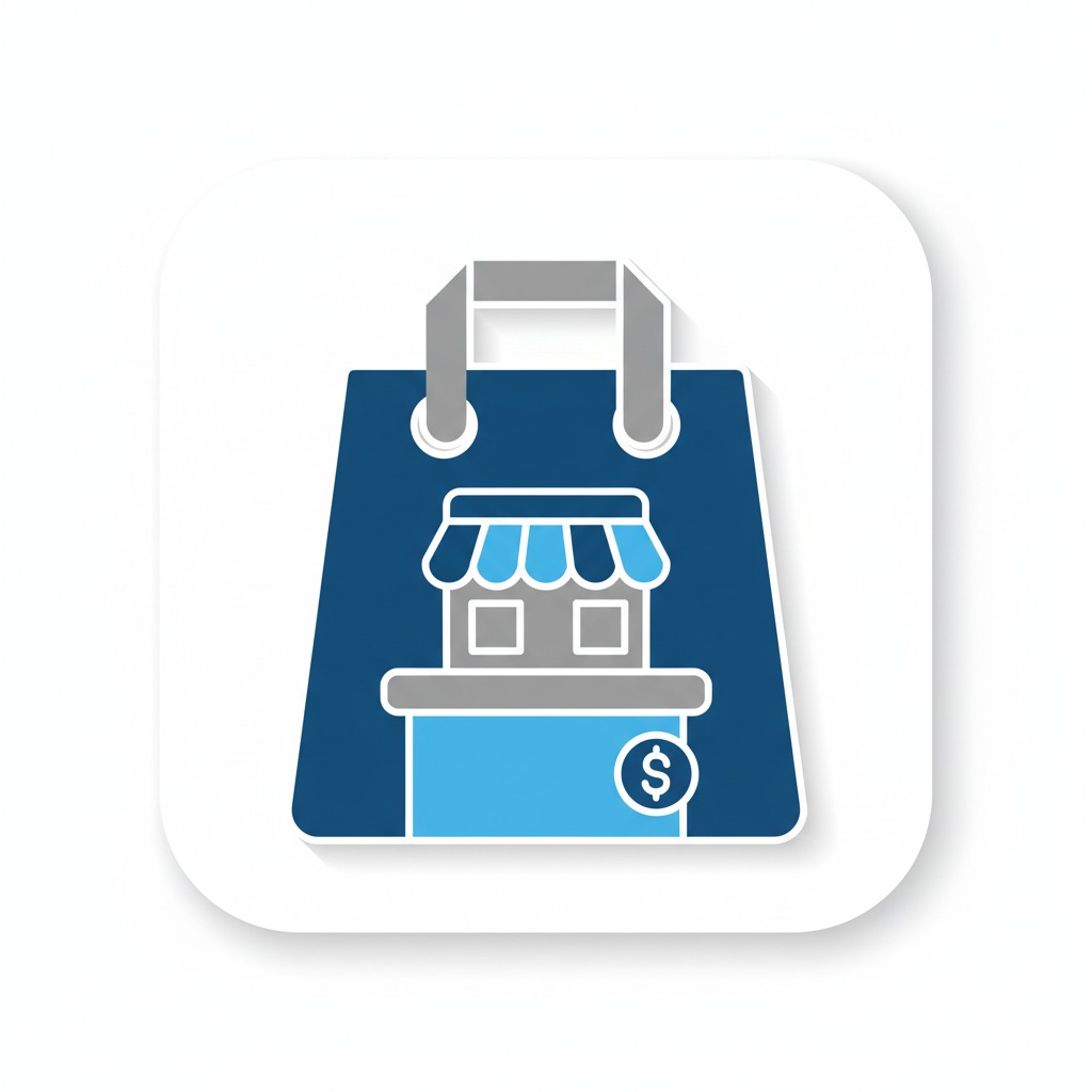 A blue shopping bag icon featuring a small storefront and a dollar sign symbol.
