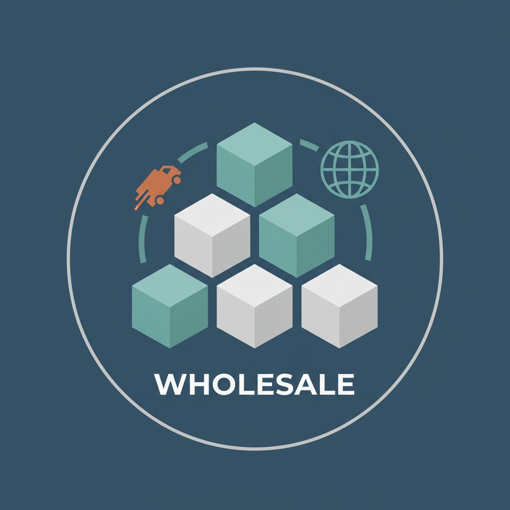 A stack of cubes with icons of a delivery truck and a globe, labeled with the word WHOLESALE.